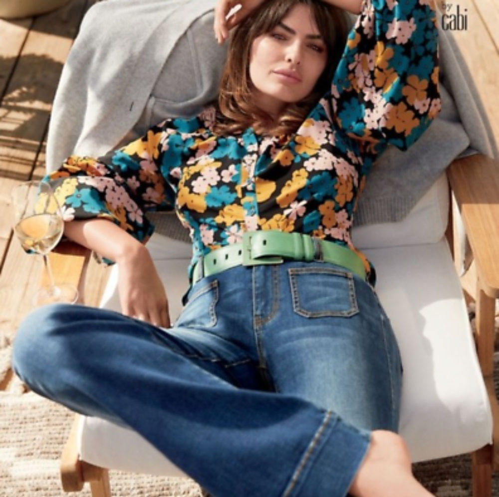 CAbi Yellow and Blue Graphic Puff Sleeve Blouse